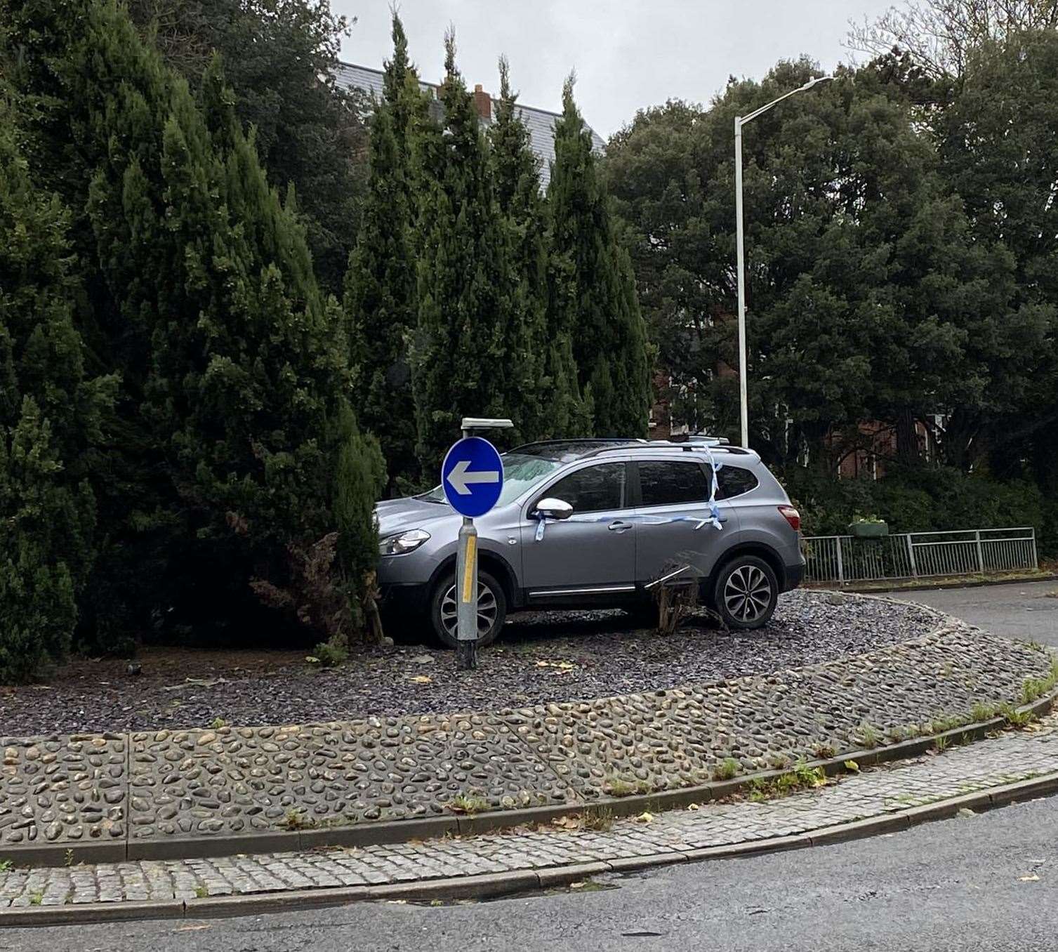 The Nissan Qashqai crashed into the roundabout in Shorncliffe Road. Picture: Sights of Folkestone