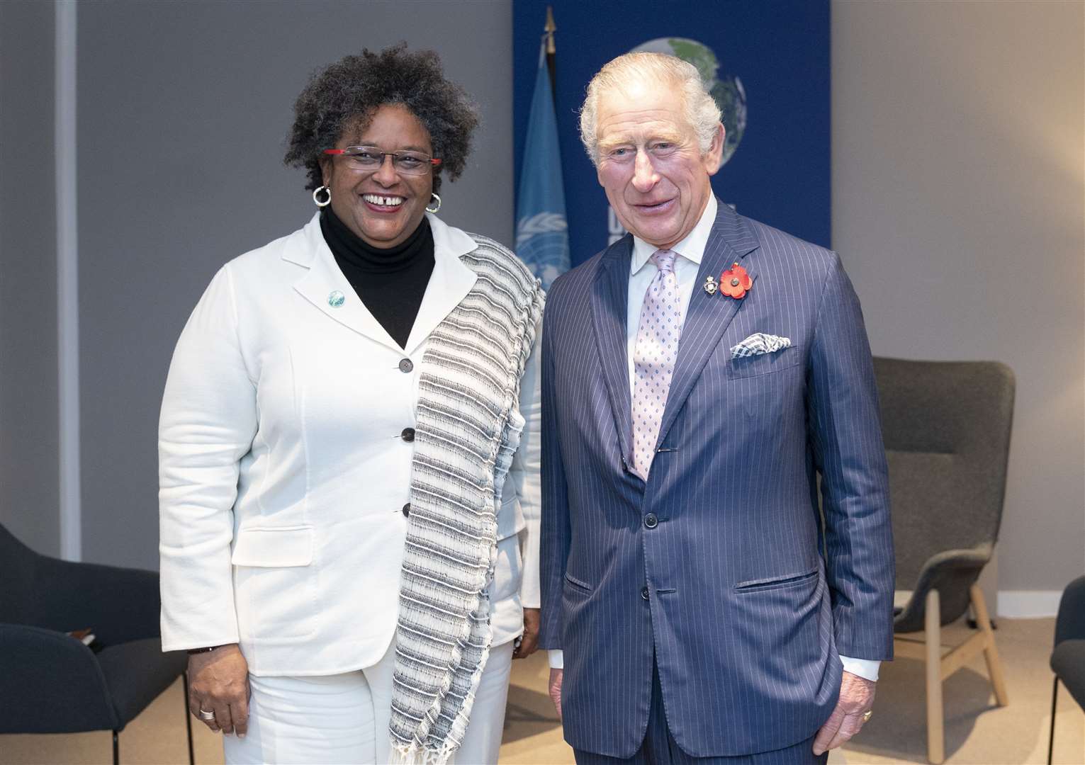 Charles with Barbados’s Prime Minister, Mia Mottley, who has invited him to attend the republic celebrations (Jane Barlow/PA)