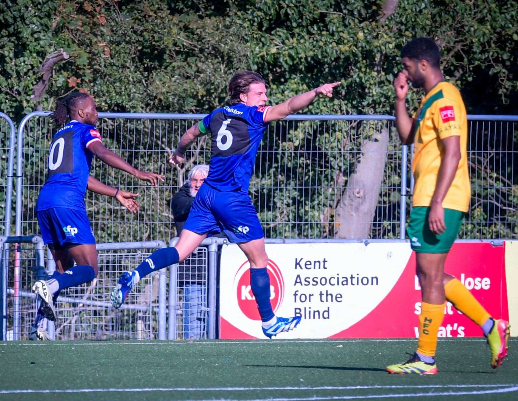 Margate captain Harry Hudson (No.6) celebrates Ibrahim Olutade’s goal against Horsham in the FA Cup. Picture: Stuart Watson