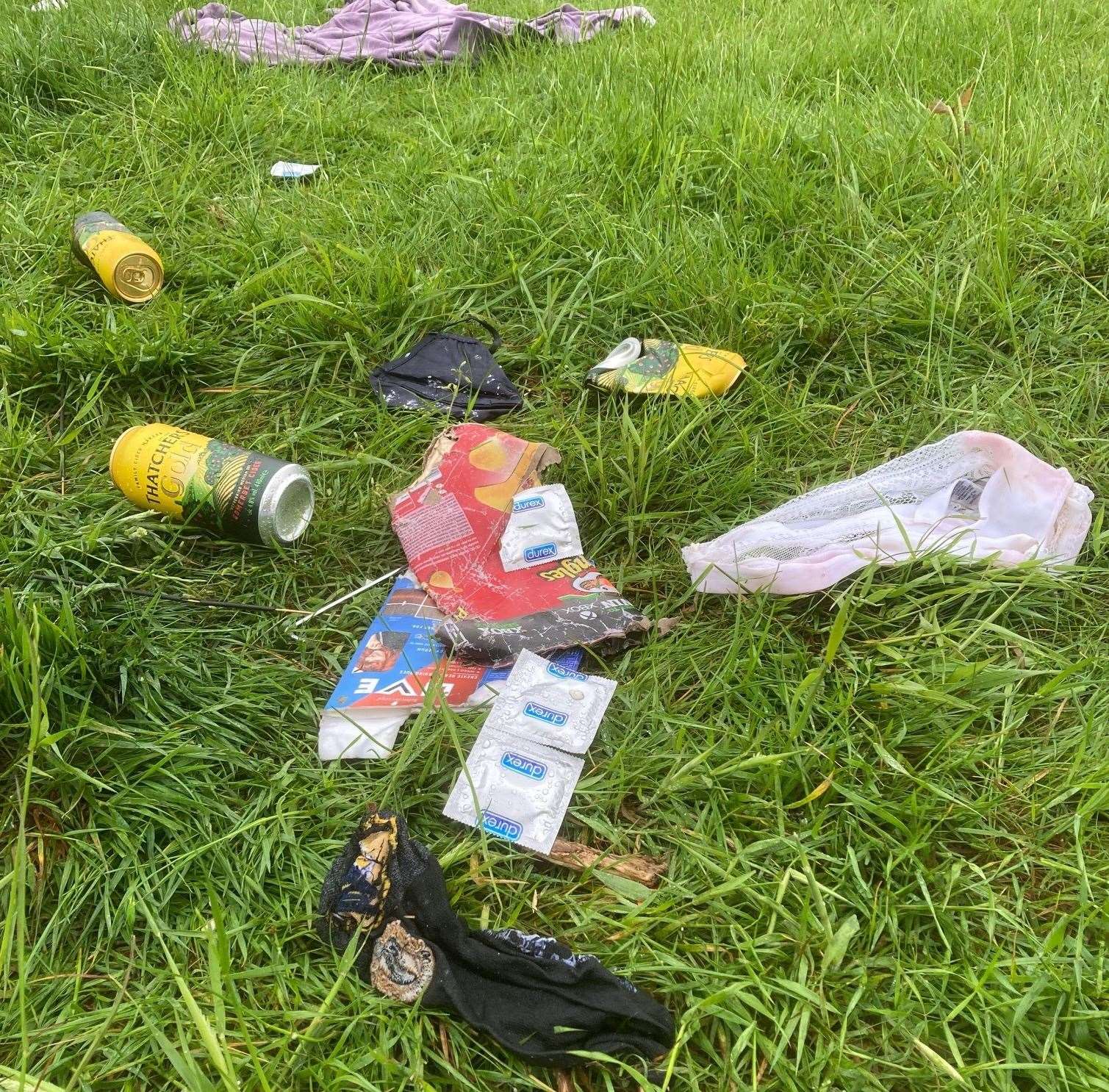 Ladies underwear, condoms and booze left at Gorrell Valley Nature Reserve in Whitstable. Picture: Ashley Clark