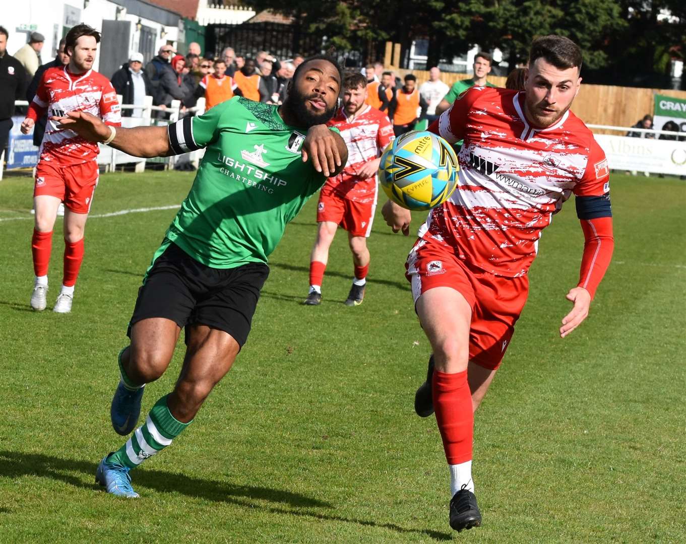 Ramsgate's Jake McIntyre shields the ball during their defeat at Cray Valley, manager Matt Longhurst's last game in charge. Picture: Alan Coomes