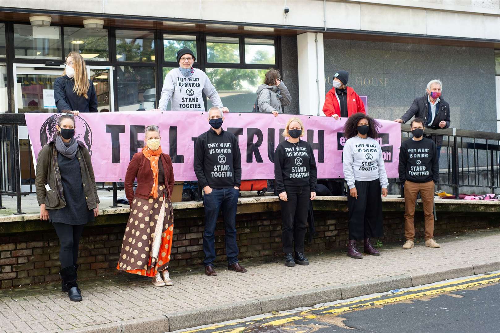 Charlotte Kirian, Hazel Stenson, Caspar Hughes, Laura Frandsen, Elise Yard and Amur Jones outside St Albans Magistrates’ Court where they have been found guilty of obstructing the highway outside the Newsprinters printing works in Broxbourne