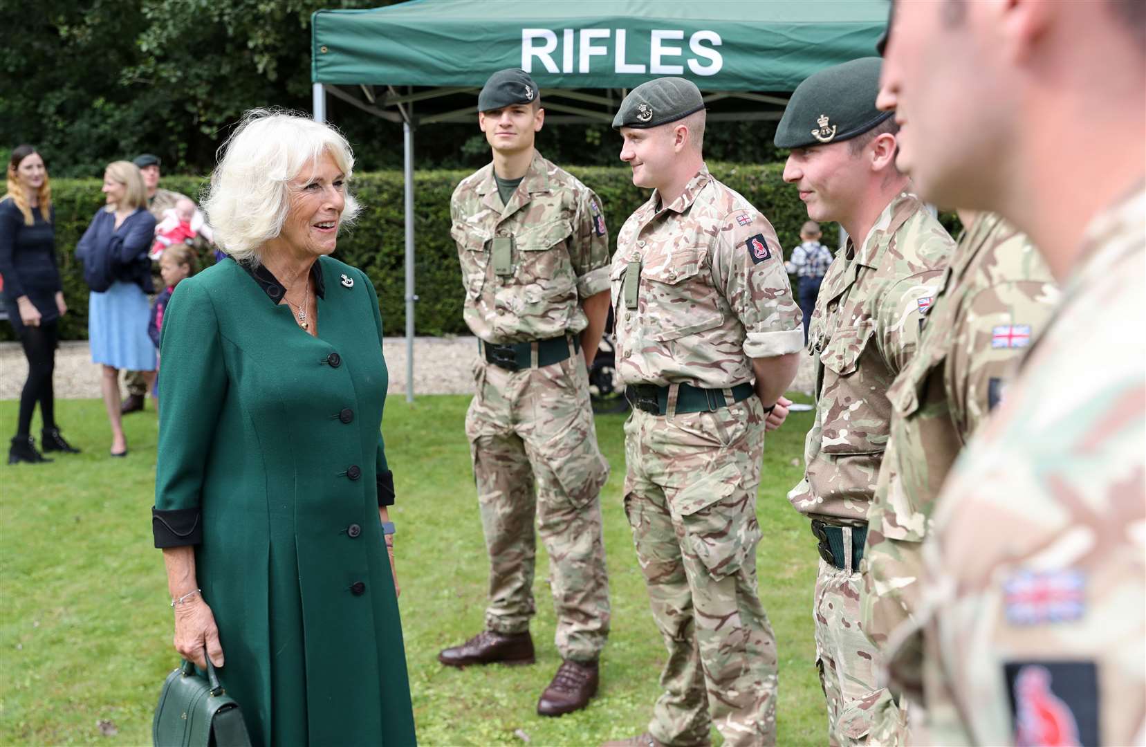 The Duchess of Cornwall speaks with Riflemen, who are currently undertaking further training (Chris Jackson/PA)