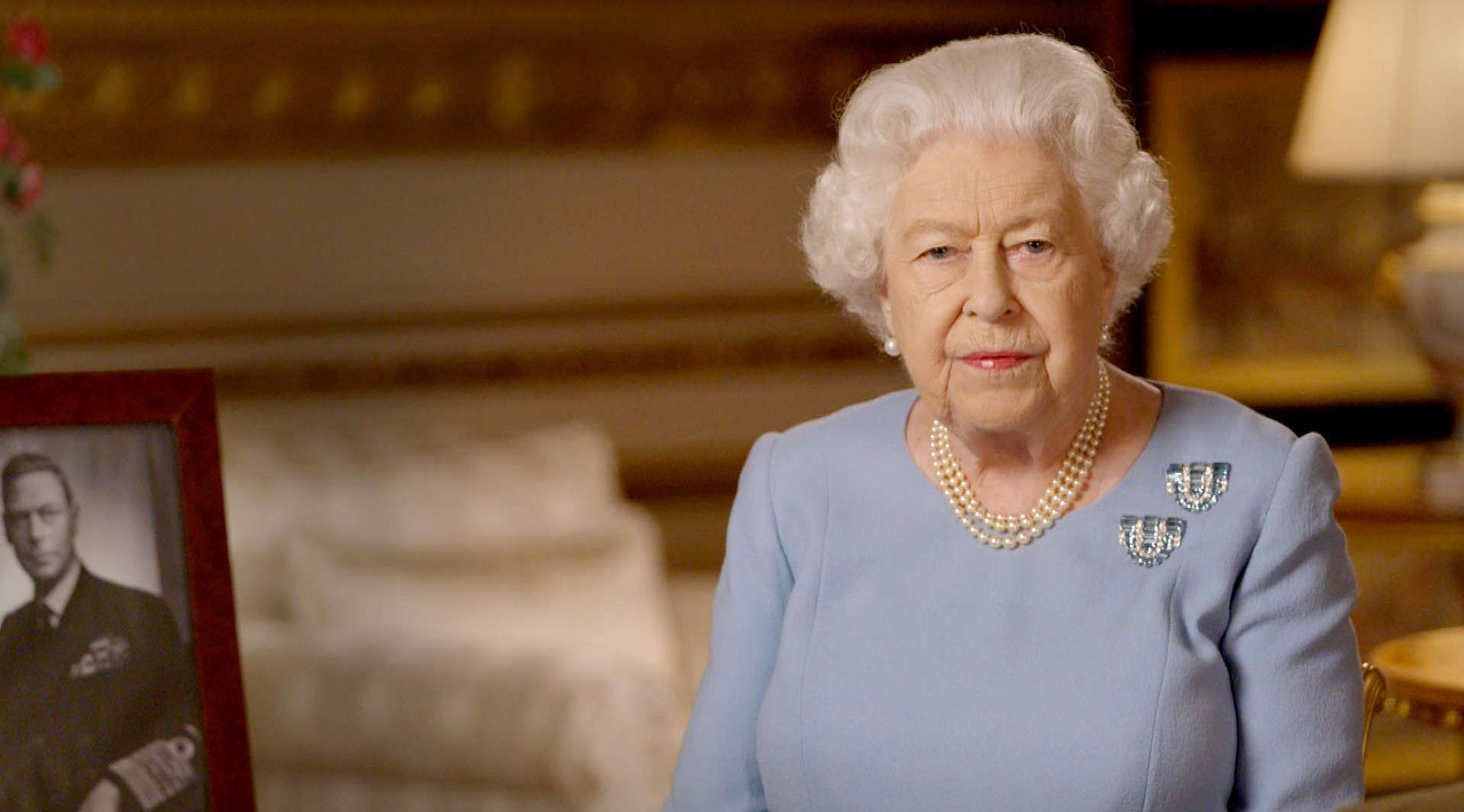 The Queen delivering her televised address on the 75th anniversary of VE Day (Buckingham Palace/PA)