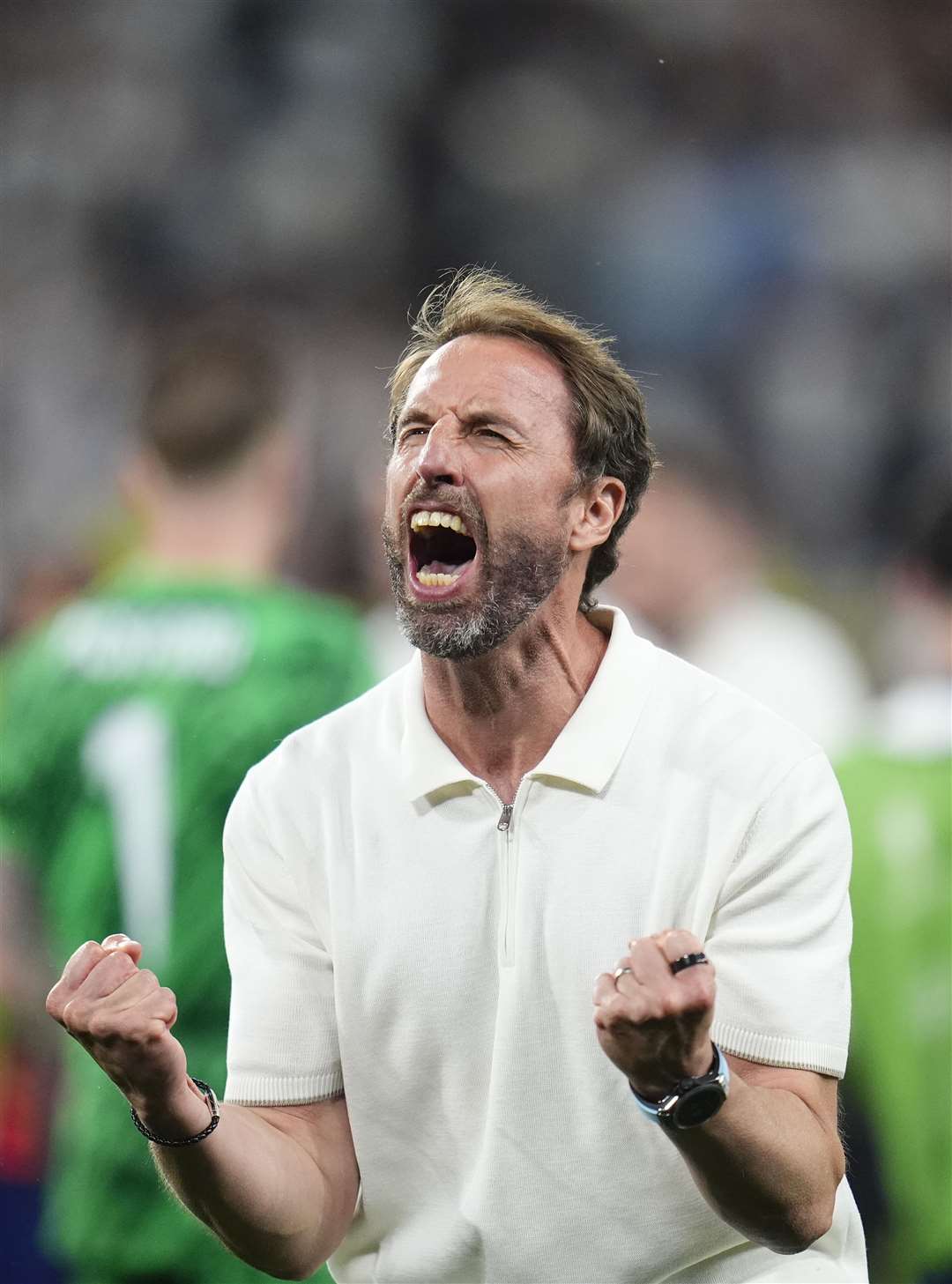 England manager Gareth Southgate celebrates the win after the Euro 2024 semi-final match at the BVB Stadion Dortmund (Nick Potts/PA)