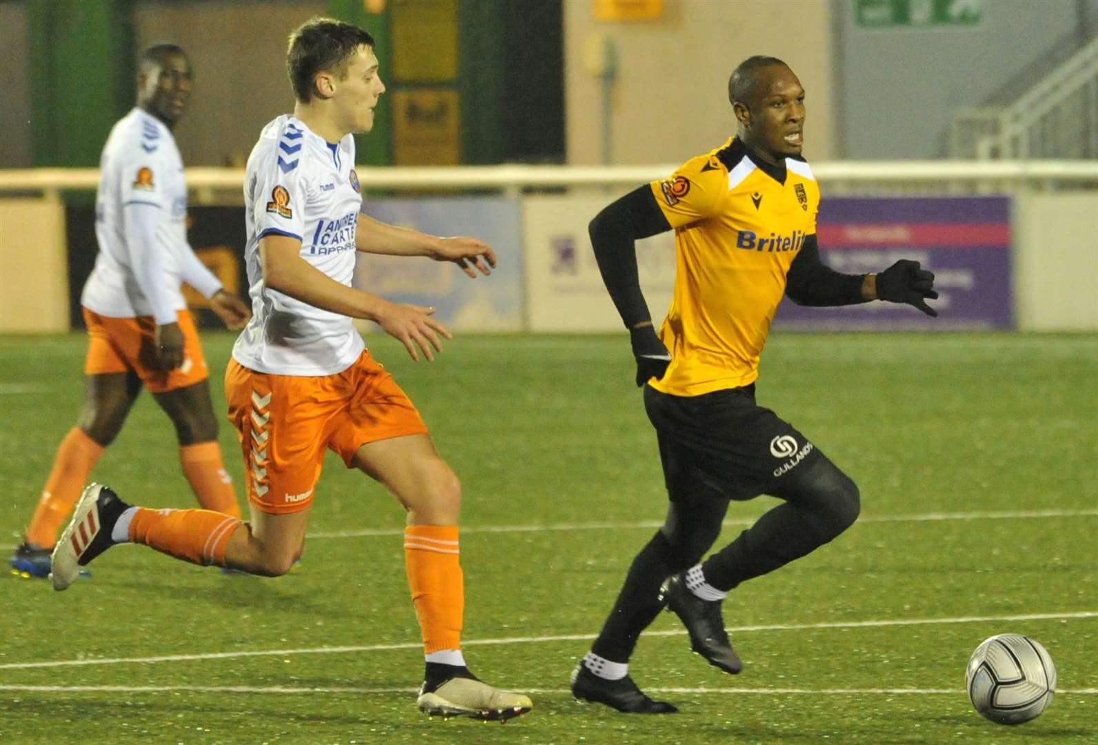 Maidstone's Gavin Hoyte in action against Braintree in National League South on Tuesday. The season has now been stopped for two weeks. Picture: Steve Terrell