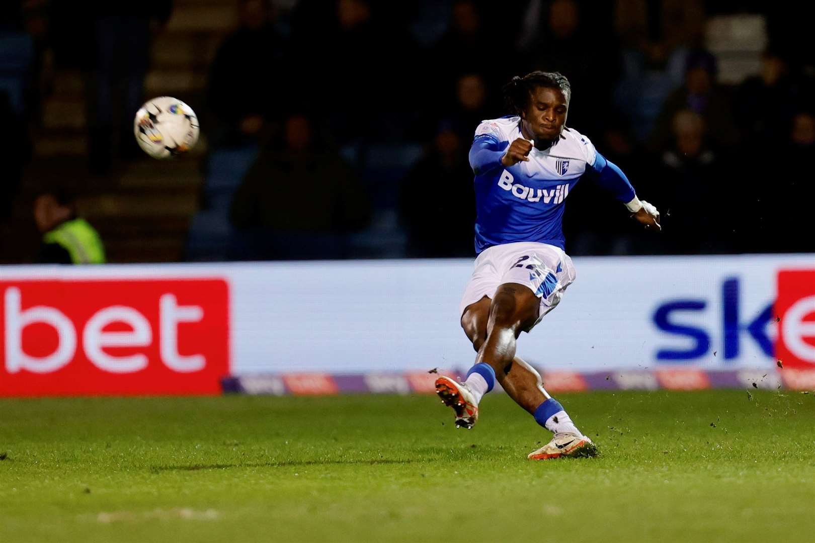 Shad Ogie clears the ball for the Gills against Stockport County Picture: Julian_KPI