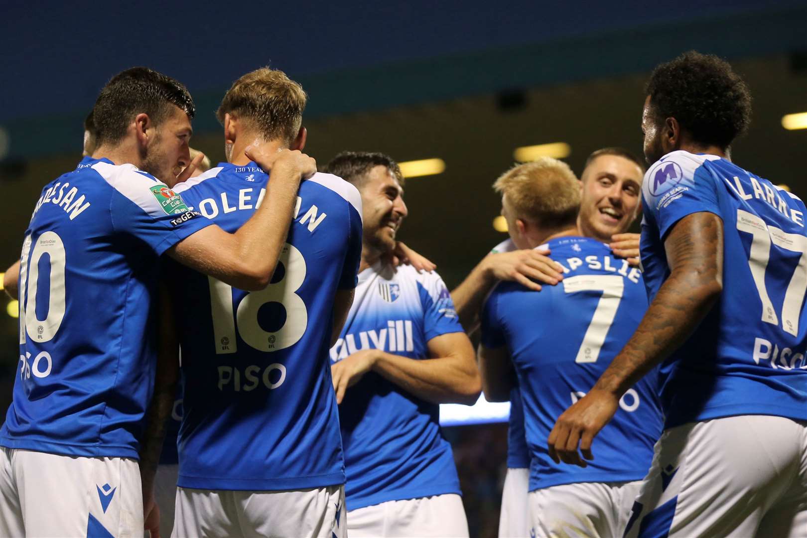 Gillingham celebrate as Robbie McKenzie scores against Southampton Picture: @Julian_KPI