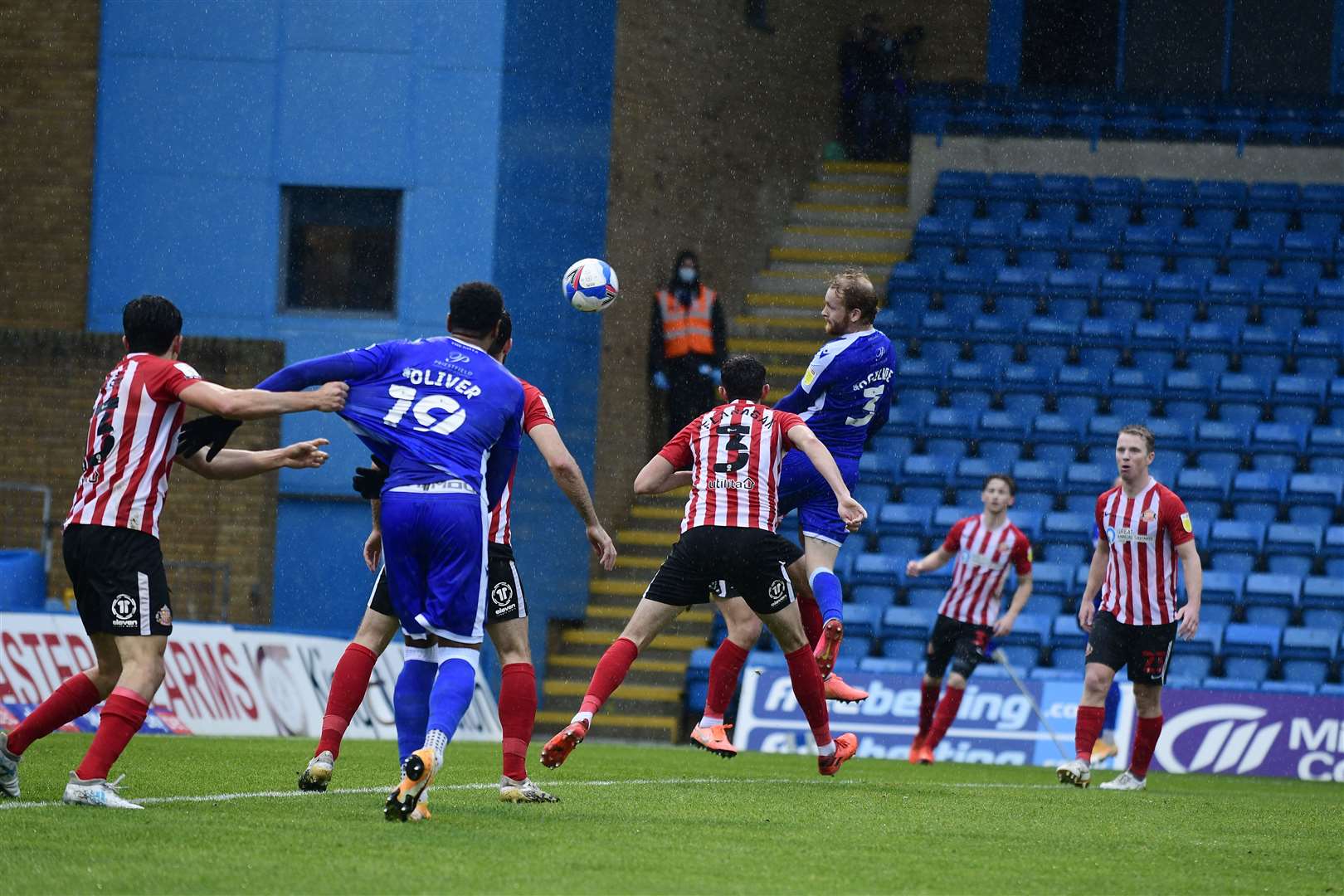 A glancing header from Connor Ogilvie goes wide Picture: Barry Goodwin