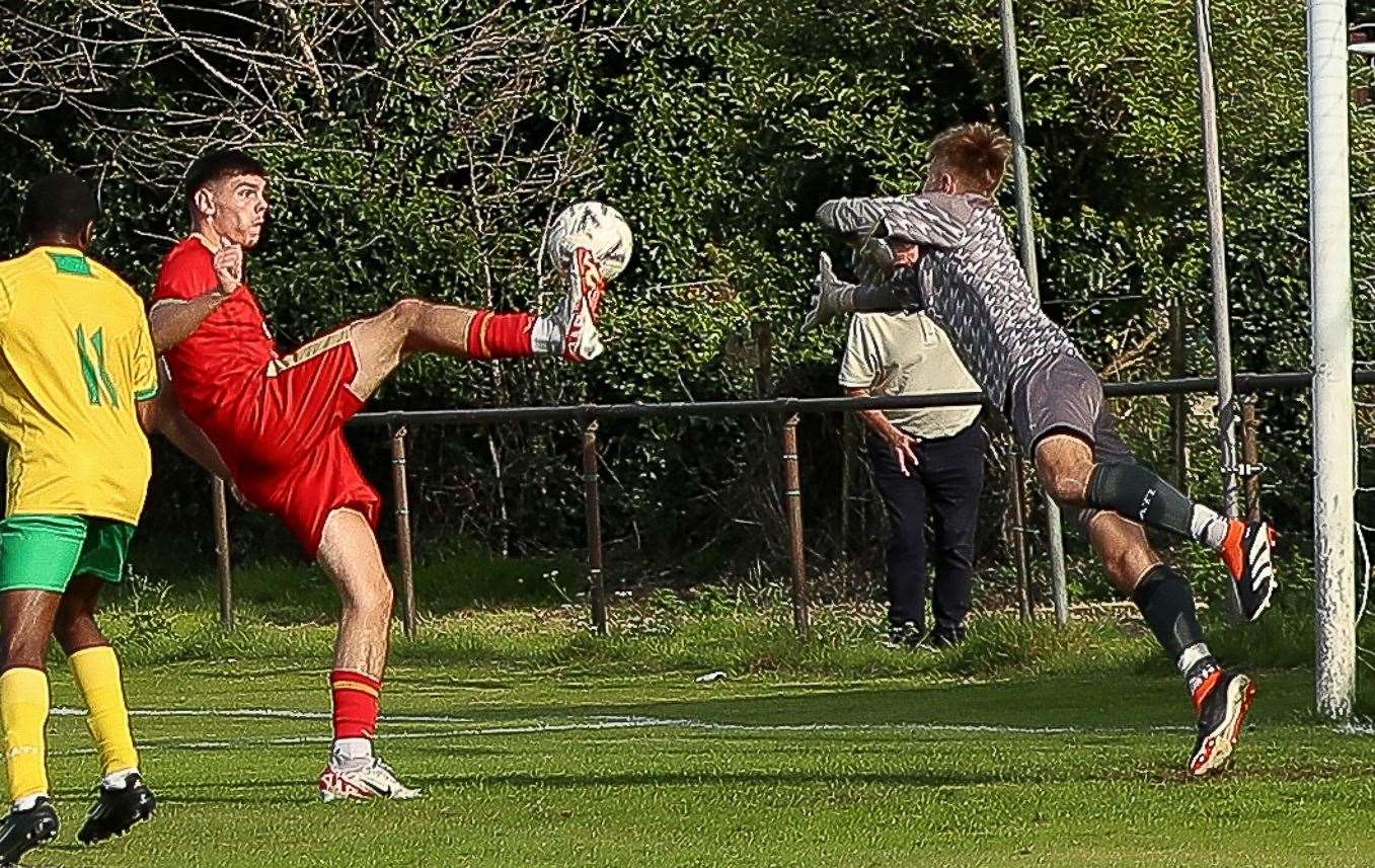 Harvey Smith gets the equaliser for Whitstable. Picture: Les Biggs