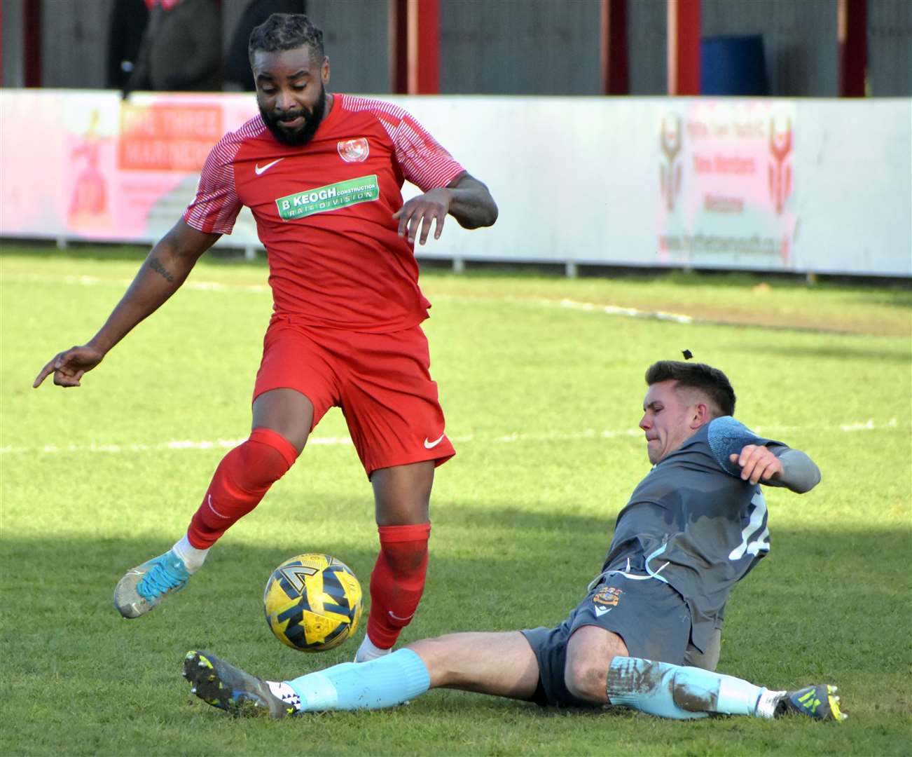 Match action between Hythe and Three Bridges in their 1-1 weekend draw. Picture: Randolph File