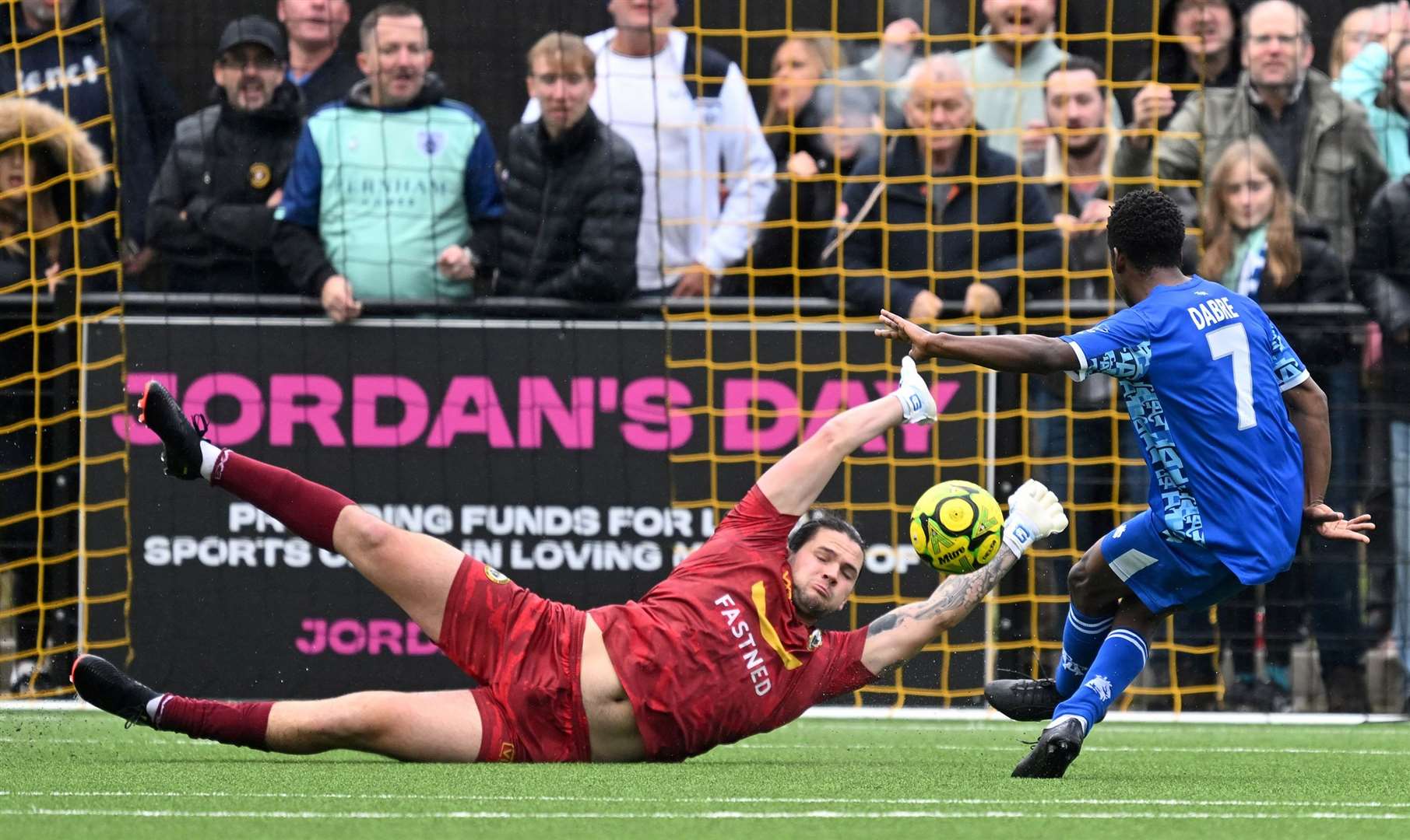 Mo Dabre is denied by Cray keeper Shaun Rowley in the first half. Picture: Keith Gillard