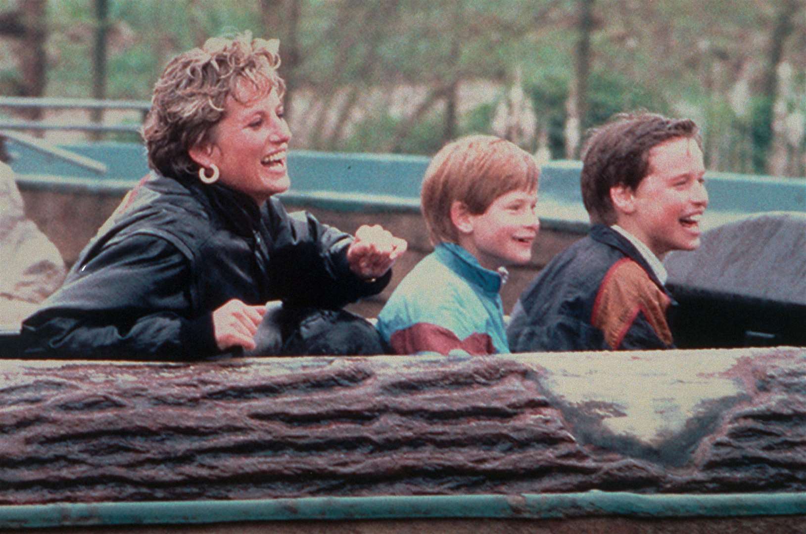 Diana, Princess of Wales, enjoying a day out at Thorpe Park amusement park with her sons, Prince Harry (centre) and Prince William in April 1993 (Cliff Kent/PA)