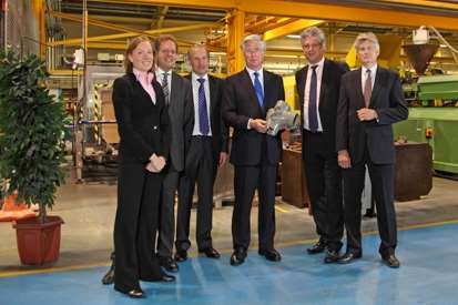 Business Minister Michael Fallon MP (centre) flanked by Polypipe Group’s CEO David Hall and Polypipe Terrain’s Commercial Director Adam Turk following a tour of the Polypipe facilities in Aylesford