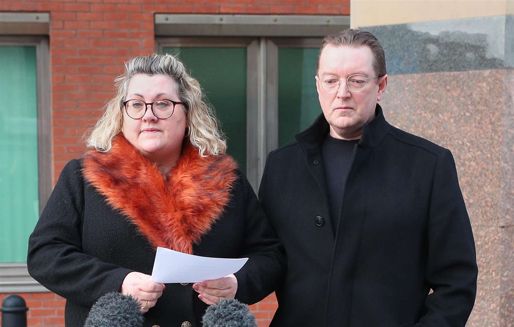 Lisa and Russell Squire, the parents of Libby Squire, speaking outside Sheffield Crown Court (Peter Byrne/PA)