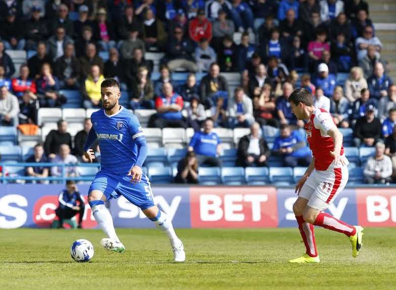 Max Ehmer with the ball for Gillingham Picture: Andy Jones