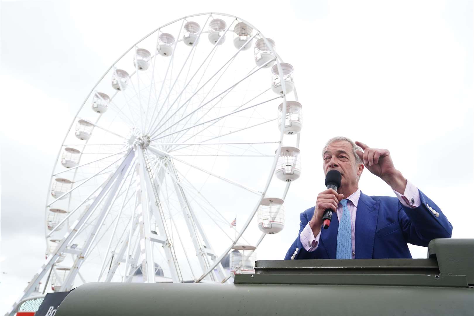 Reform UK leader Nigel Farage making a speech at Clacton Pier in Clacton (Ian West/PA)