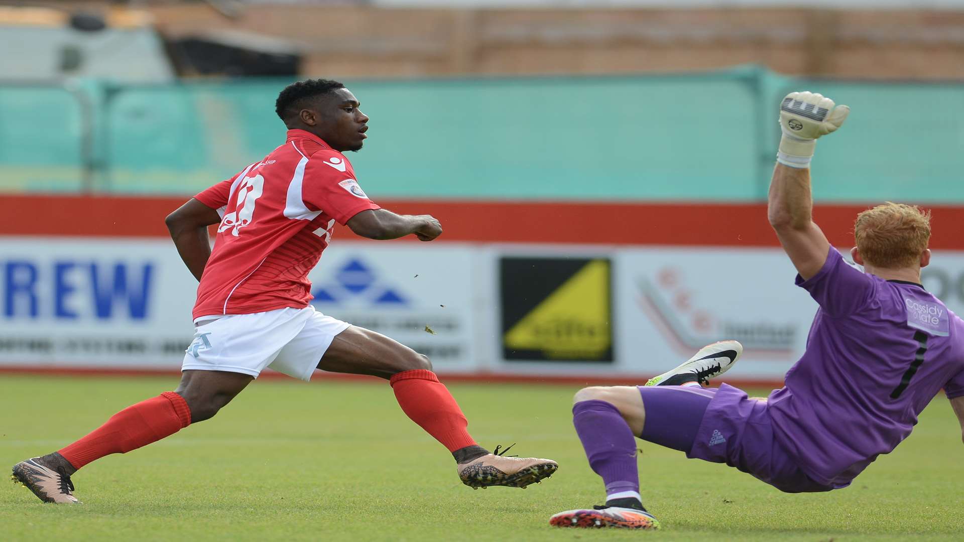 Darren McQueen scores for Fleet against St Albans. Picture: Gary Browne