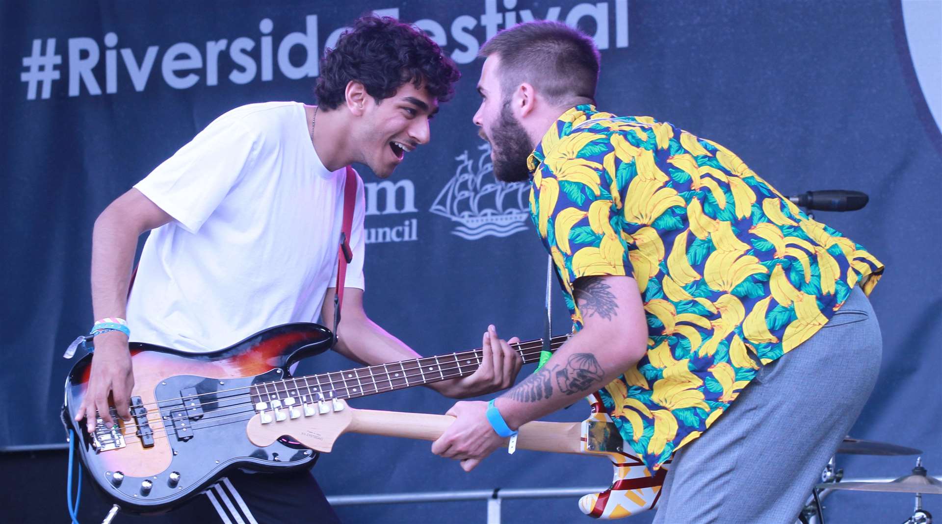 Sahib Dhinsa, on bass and Matt Adams of the Ovines, jamming on the Main Stage at the Riverside Festival in Gravesend earlier this year Picture: John Westhrop