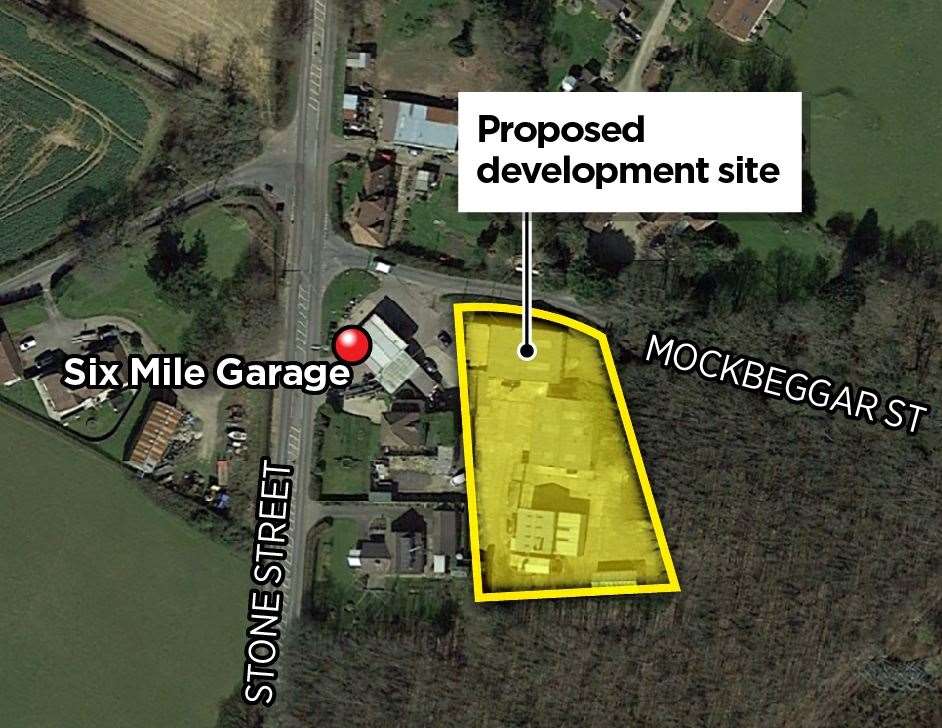 The site is behind the Six Mile Garage petrol station on the B2068 between Canterbury and Hythe