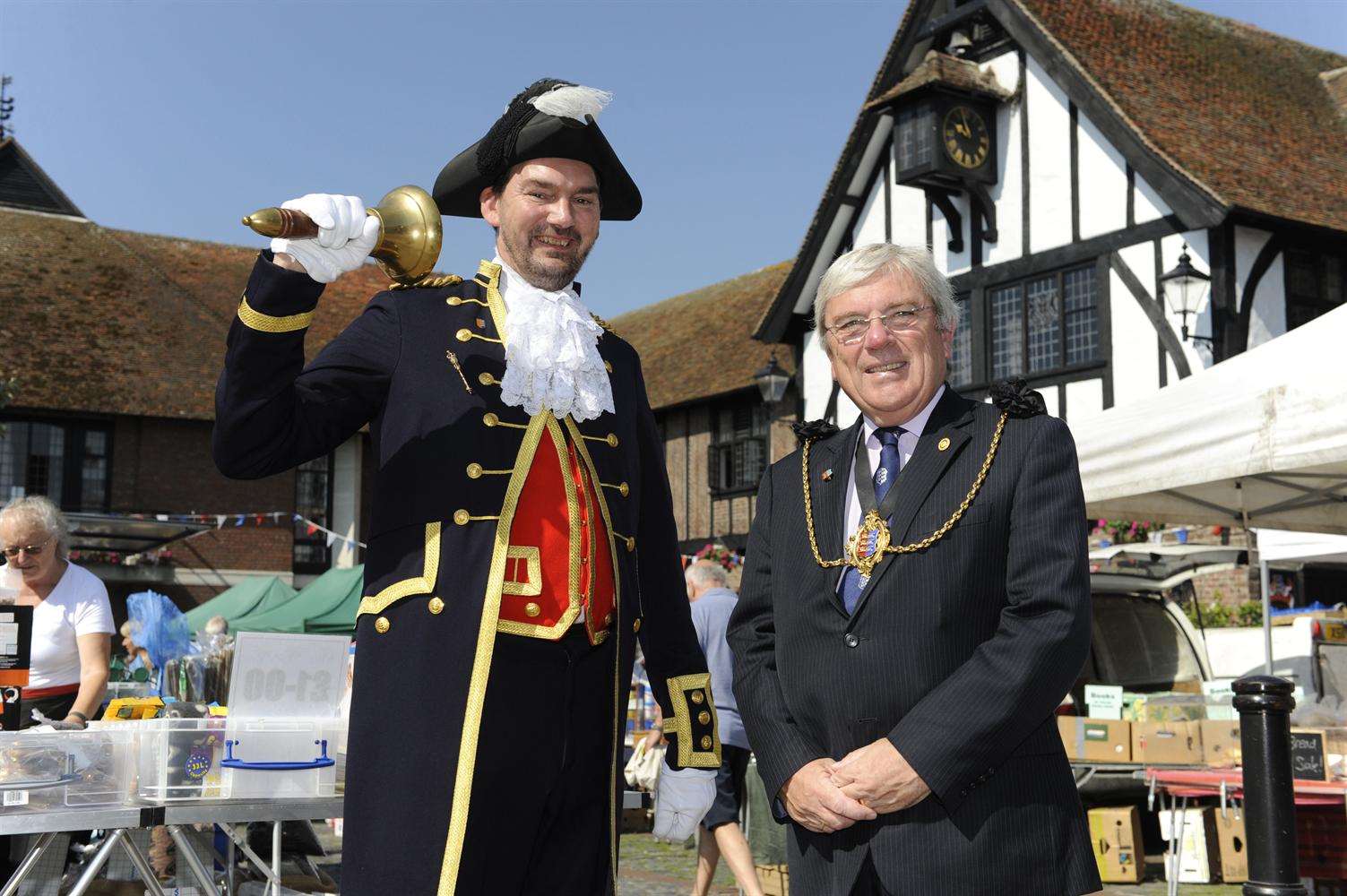 Sandwich town crier Kevin Cook with Mayor of Sandwich Paul Graeme at the market
