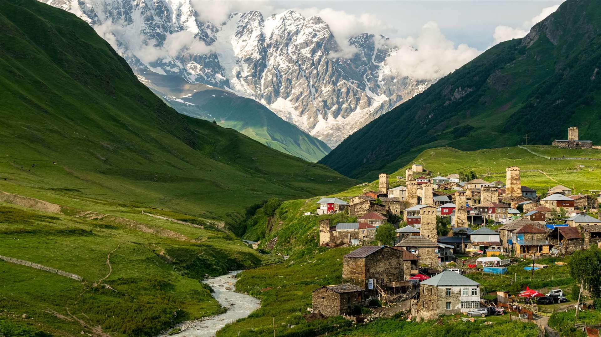 Ushguli, one of five medieval villages in Georgia, at sunset with the Shkhara mountain in the background. Picture: Alamy/PA