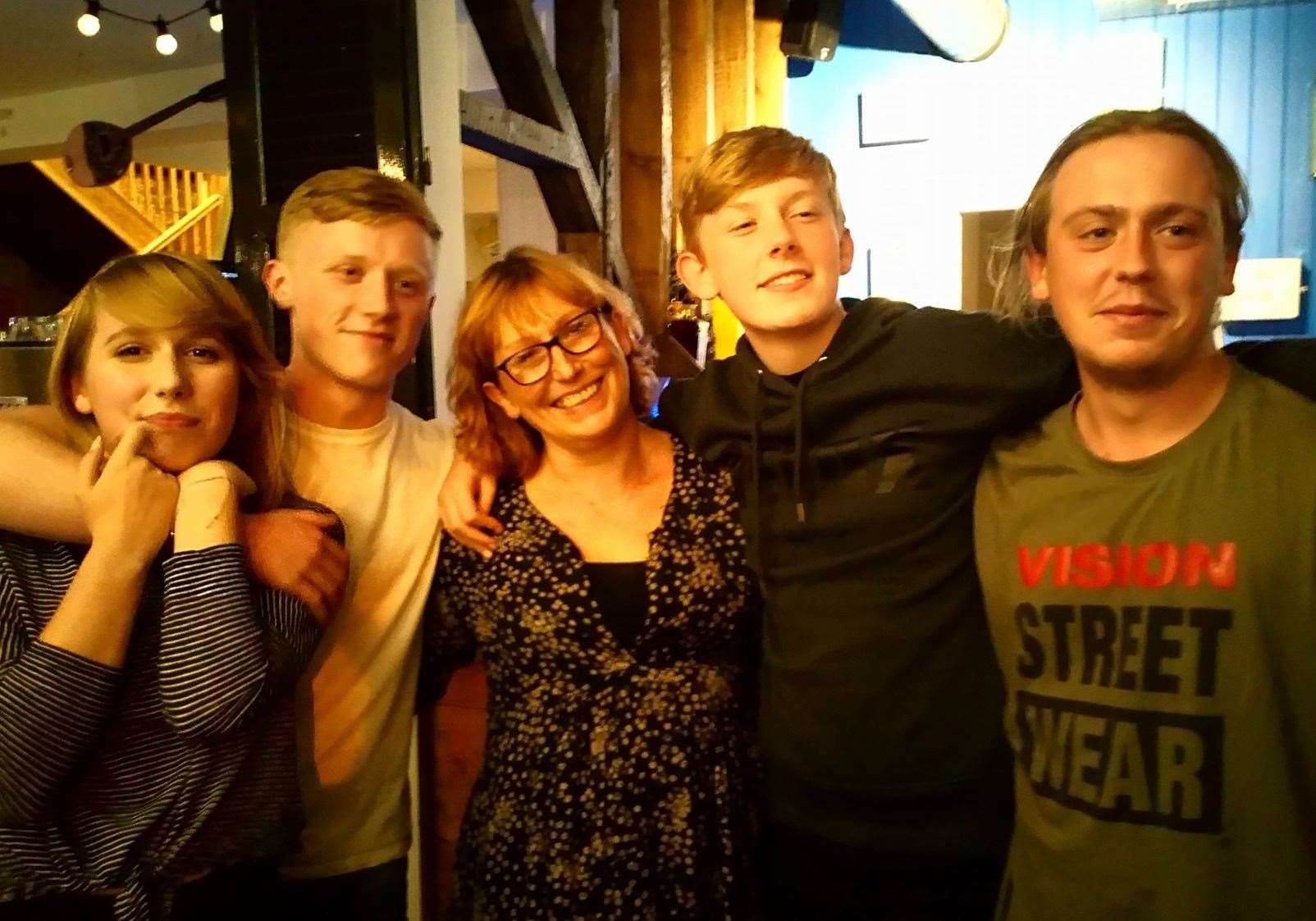 Louise at her 50th birthday party at Studd Hill Community Centre in 2017, with her children Romany, Adam, Louise, Obi and Nathan