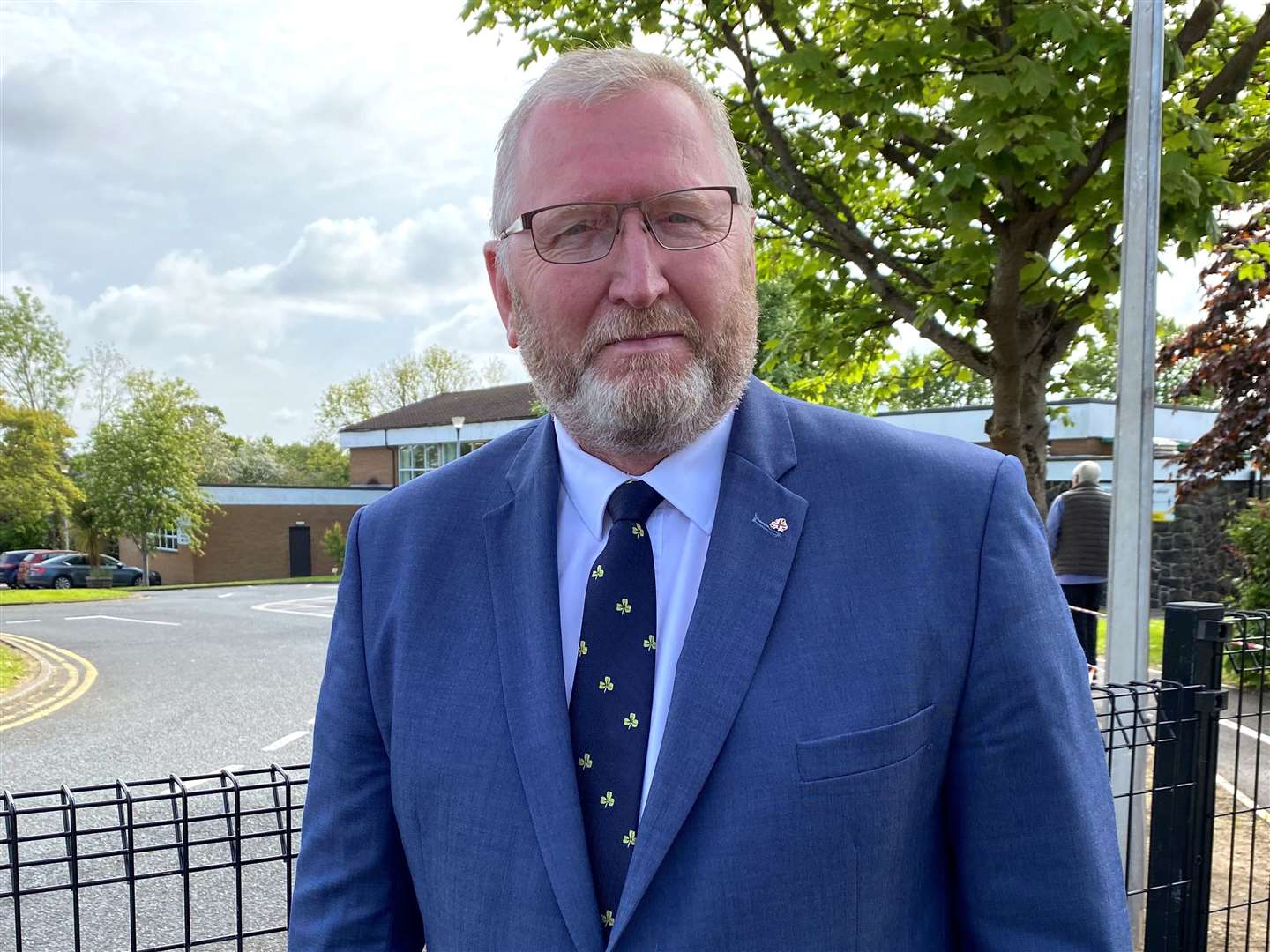 Ulster Unionist Party leader Doug Beattie arrives at Seagoe Primary School in Co Armagh to vote (Jonathan McCambridge/PA)