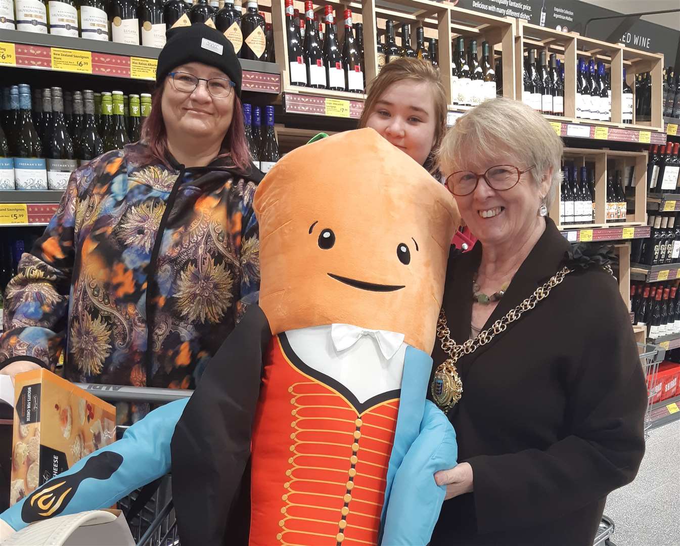 First through the door were Lesley Robson-Blundell and Becca-Grace Shrader pictured with Kevin the Carrot and the mayor Cllr Eileen Rowbotham