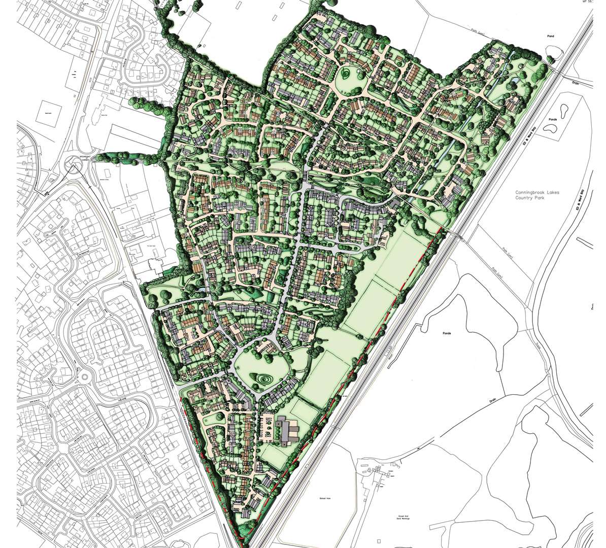 The initial masterplan for the Conningbrook Park scheme, shown here, has been overhauled following consultation.