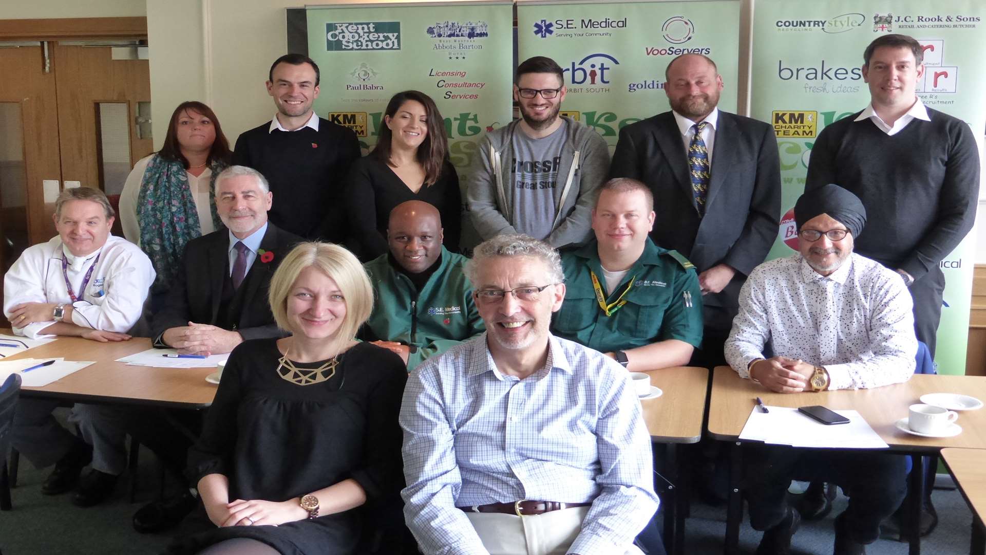 Front: Sarah-Jane Leipnik of Golding Vision and Bill Parkinson from VooServers with fellow KM Kent Cooks judges Paul Babra curry club, J.C. Rook and Sons, Mini Babybel, Best Western Abbots Barton Hotel, Licensing Consultancy Services, Three R’s Teacher Recruitment, Countrystyle Recycling, Kent Cookery School, Brakes, Orbit South, and S.E. Medical.