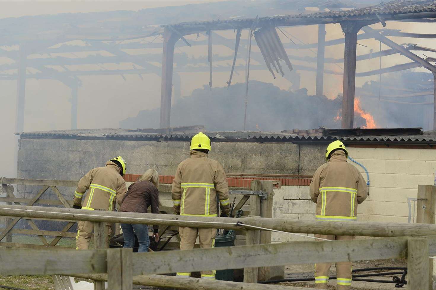 Crews at the scene of the Minster barn blaze. Picture: Chris Davey