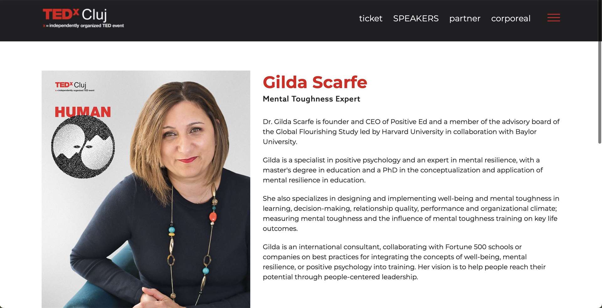 Mrs Scarfe gave a talk at a TEDxCluj event – this is her profile on the website. Pic: Max Chesson