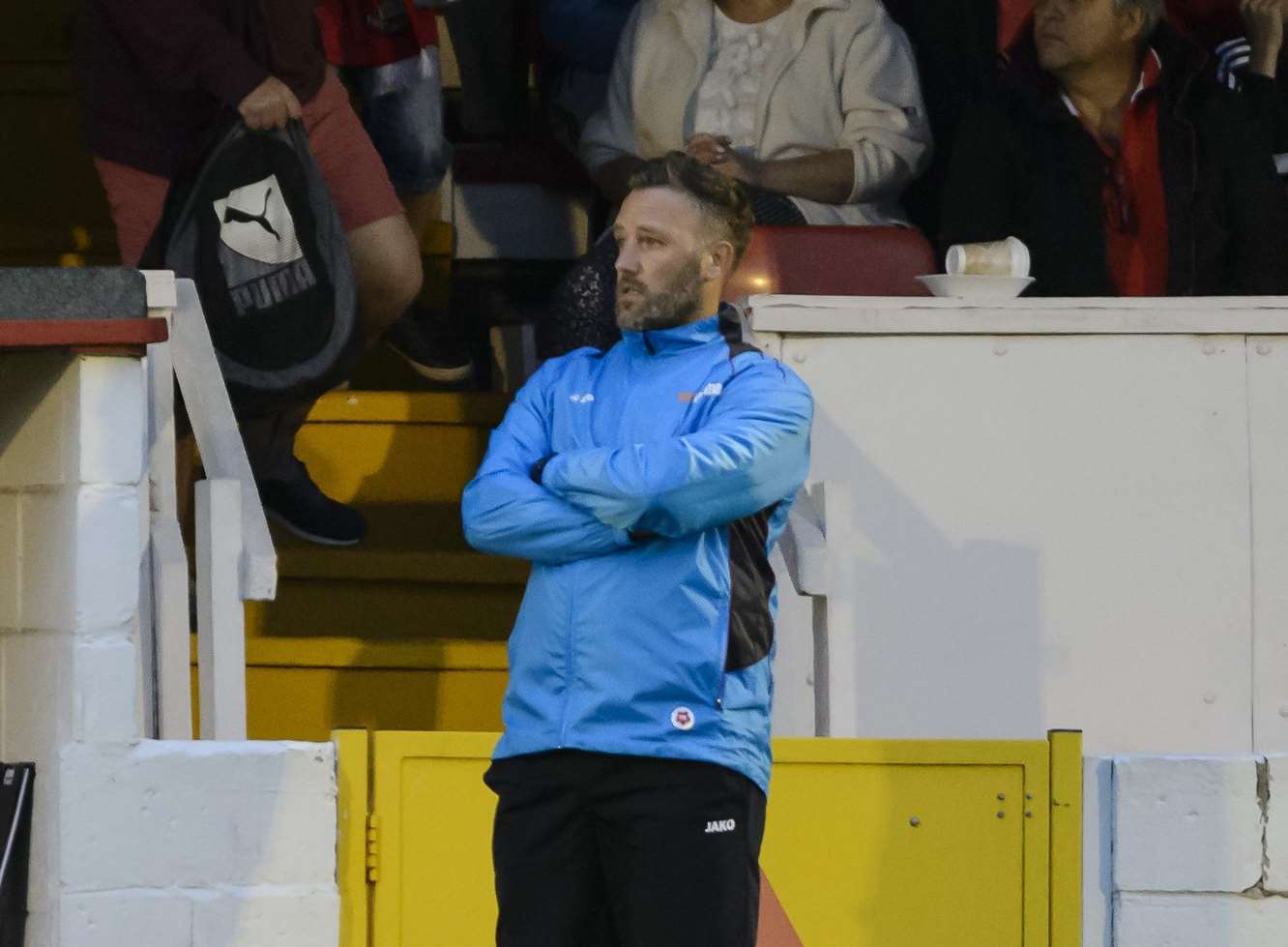 Maidstone manager Jay Saunders watches the action at Stonebridge Road Picture: Andy Payton