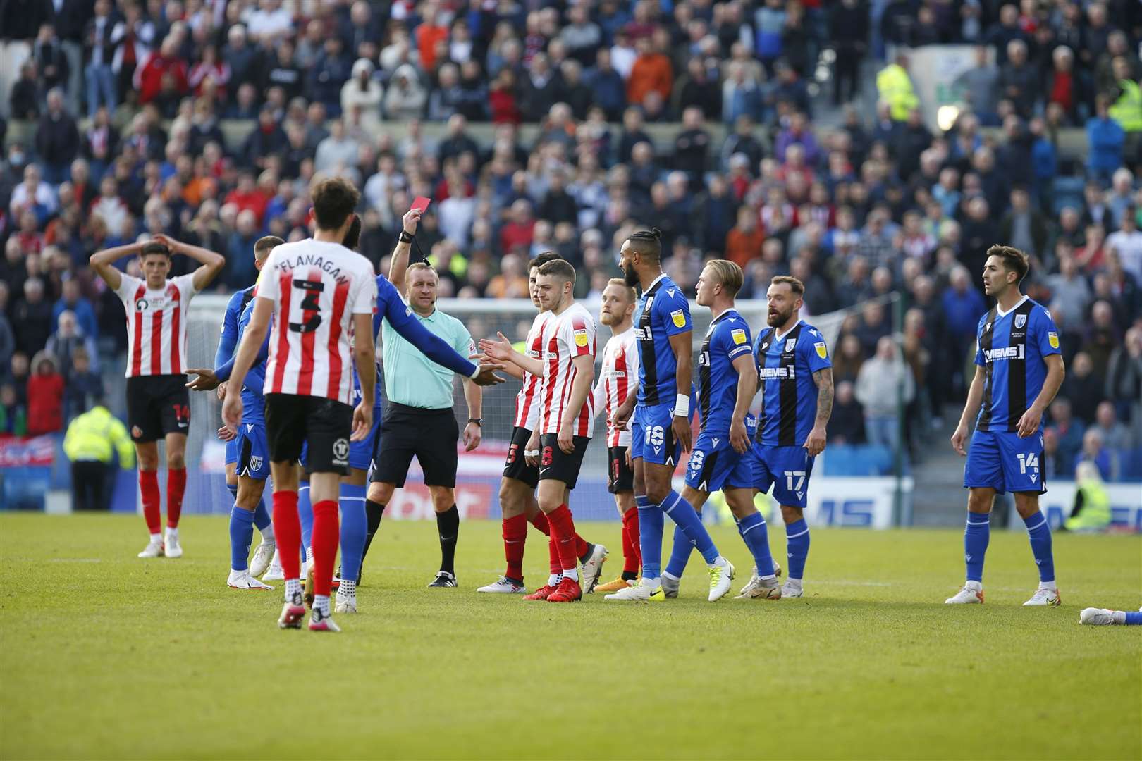 Referee Lee Swabey showing Elliot Embleton a red card for a tackle on Jack Tucker Picture: Andy Jones