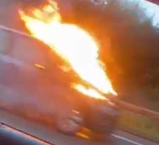 The vehicle fire on the A20 before the Round Hill Tunnel near Folkestone