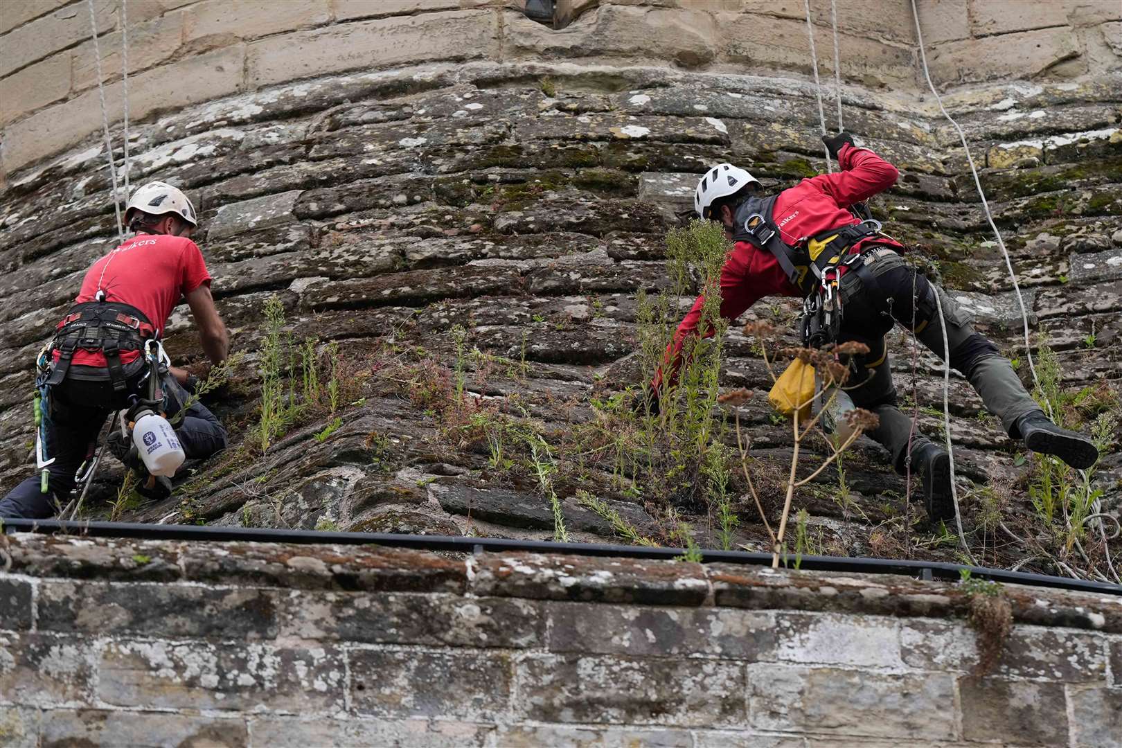 Building restoration specialists abseil down the walls of Warwick Castle during the landmark’s annual external clean (Jacob King/PA)