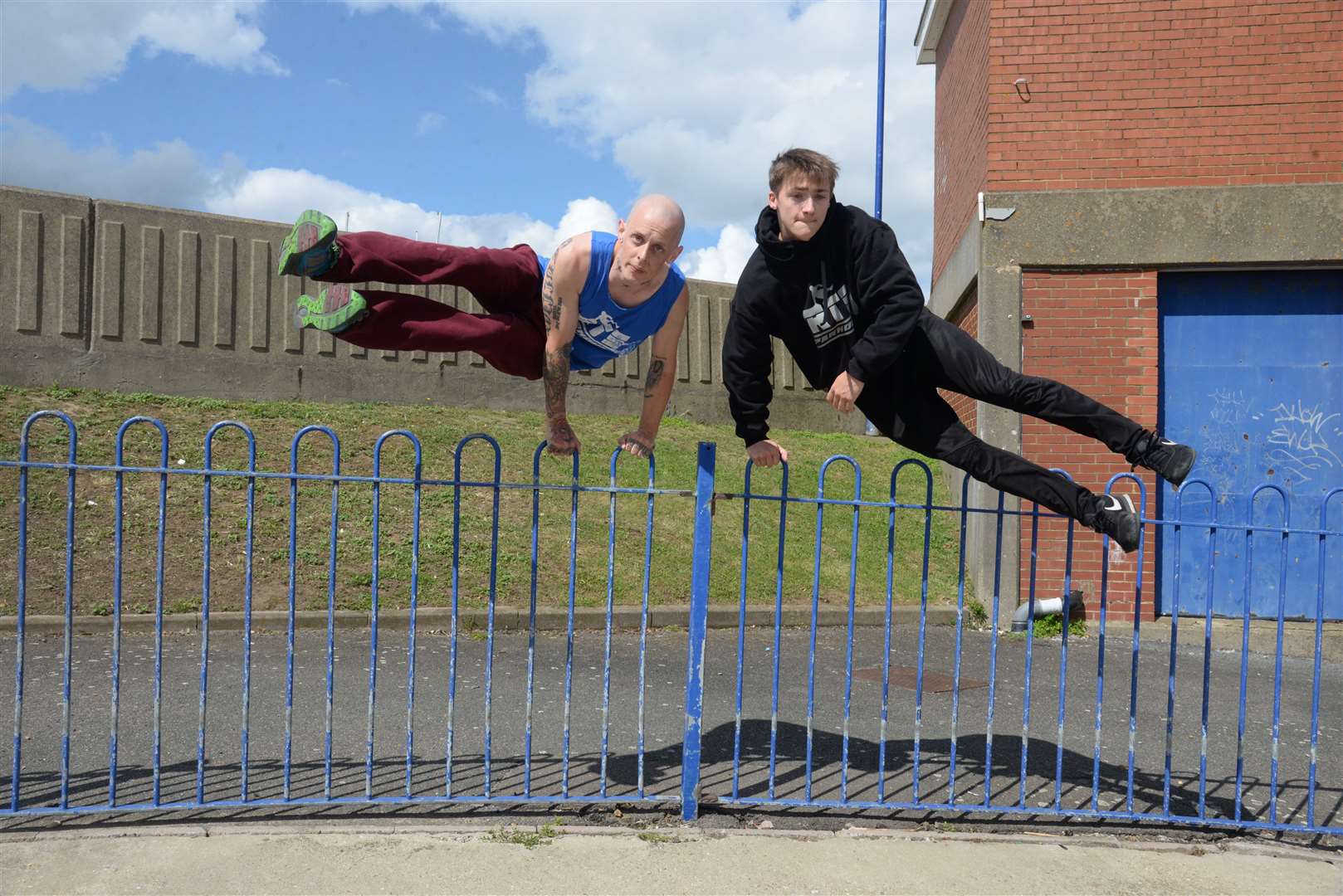 John-Daniel Scullion and Parkour coach Adam McKenna in full flight. Picture: Chris Davey