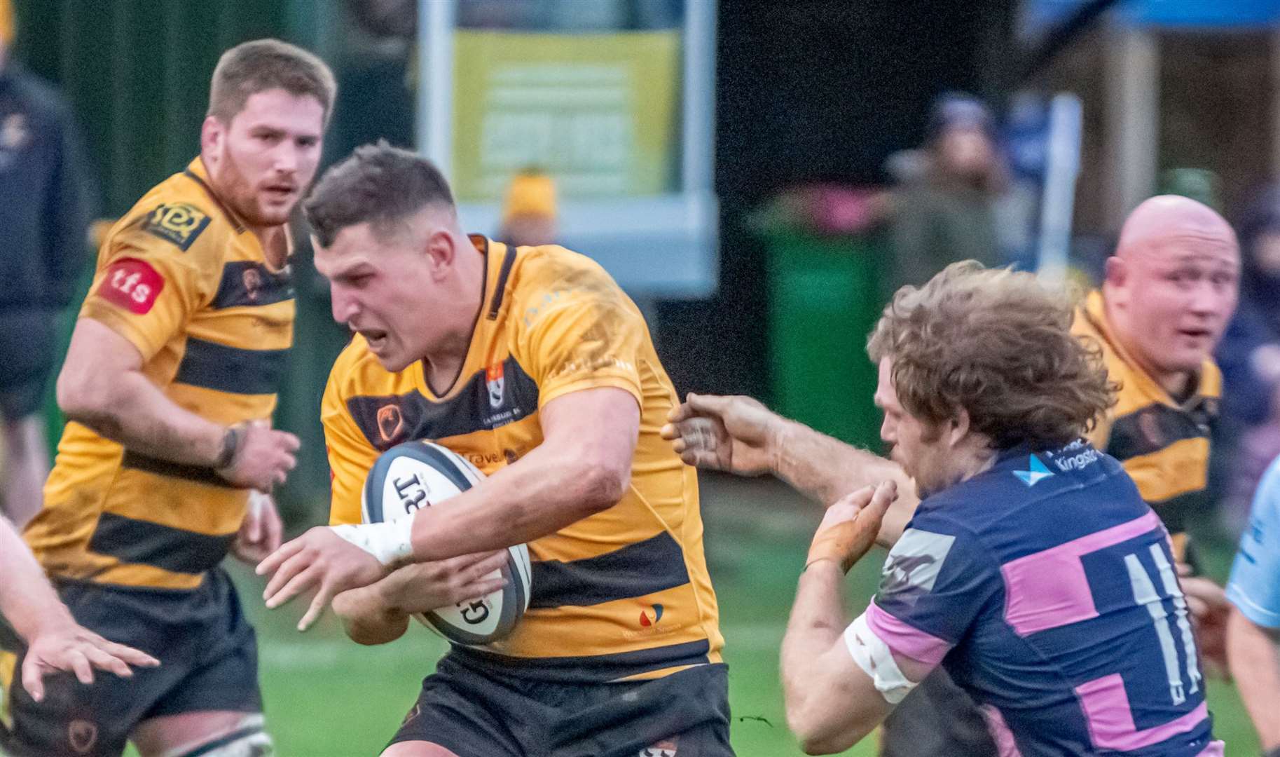 Canterbury Rugby Club’s sponsors’ man-of-the-match Frank Morgan under pressure in their weekend 35-22 win over Sevenoaks. Picture: Phillipa Hilton