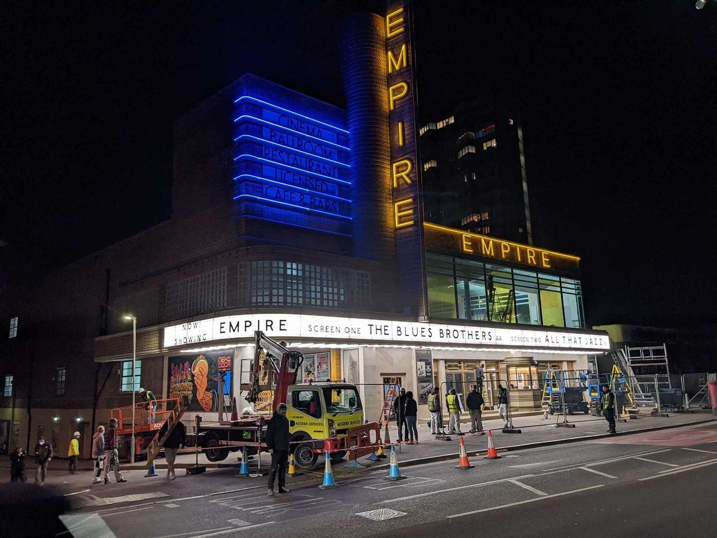 Dreamland lights up under the guise of the Empire cinema, for filming of the Empire of Light movie Pic: Roy Foord