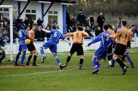 Goal mouth action from Saturday's Kent derby between Margate and Maidstone United.