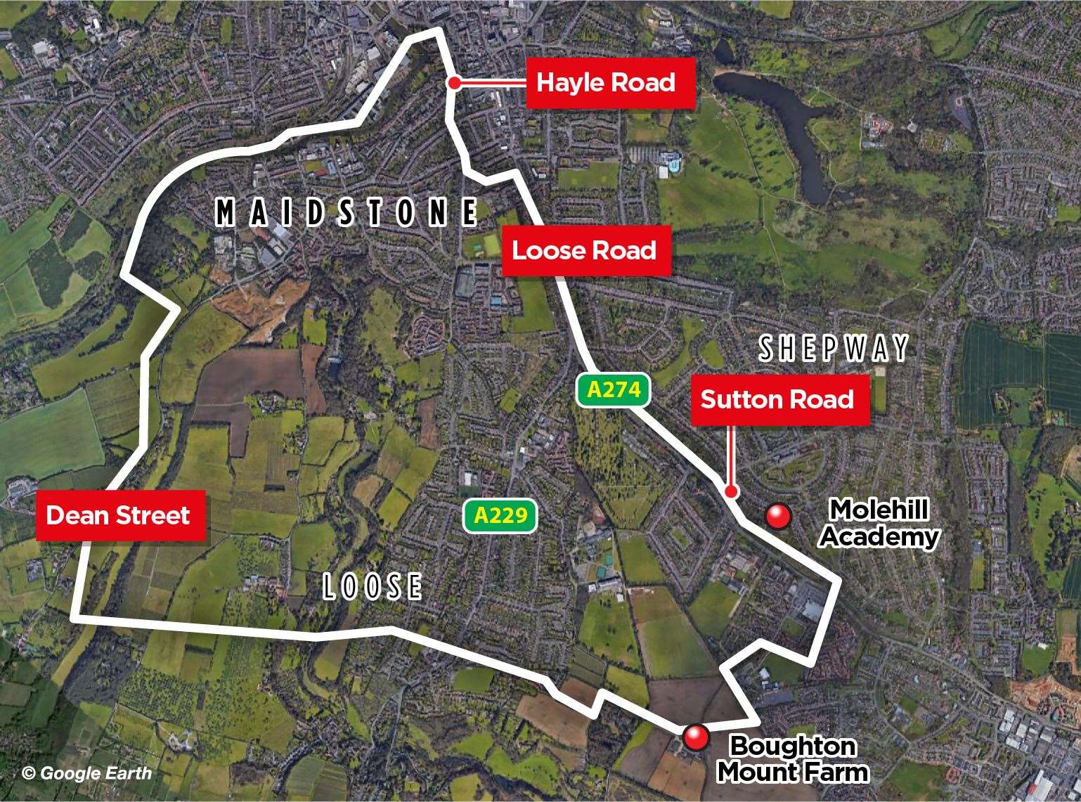 The map of the area, which includes ME15 and a few addresses in ME16 and ME17