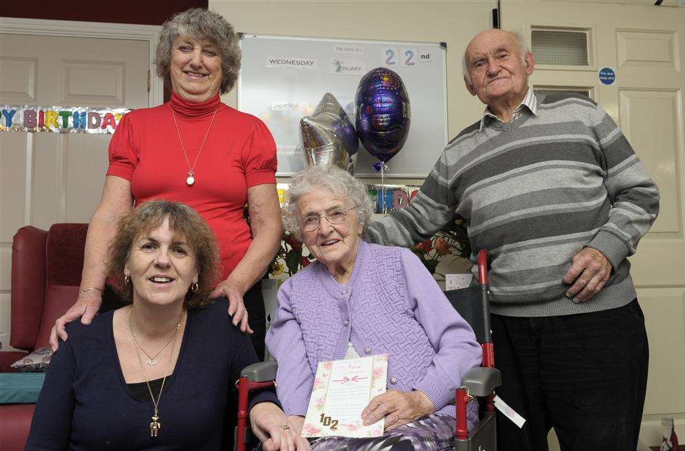 May with granddaughter Sue Debnam, daughter Joan Moss and son-in-law Sid Moss