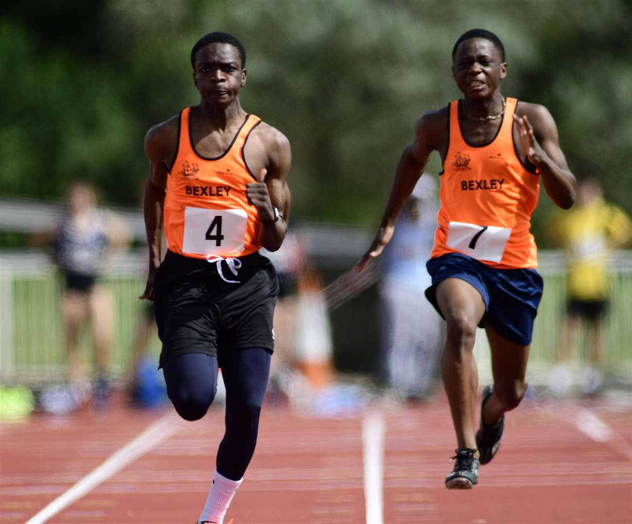 Khalid Dabiri (Bexley) and Pelumi Oguntunde (Dartford & Gravesham) contest the 100m Picture: Barry Goodwin