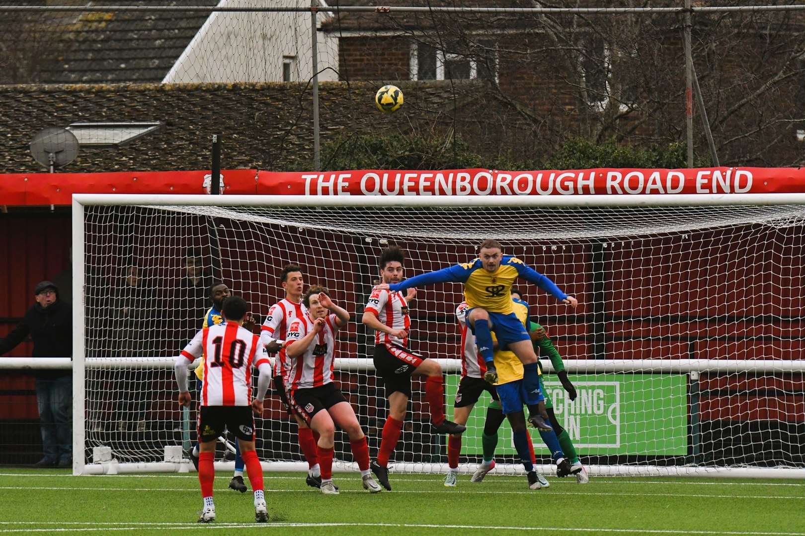 Matt Parsons heads clear for Faversham. Picture: Marc Richards