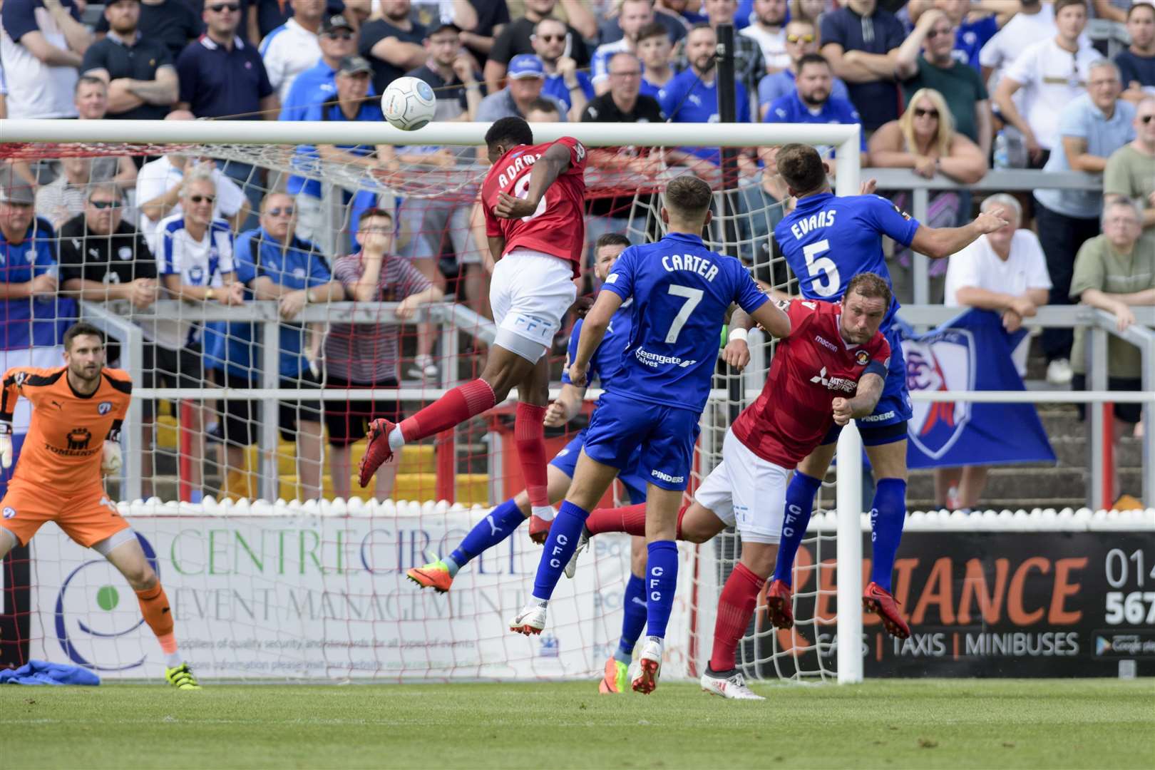 Ebou Adams heads against the bar in the first half for Fleet. Picture: Andy Payton