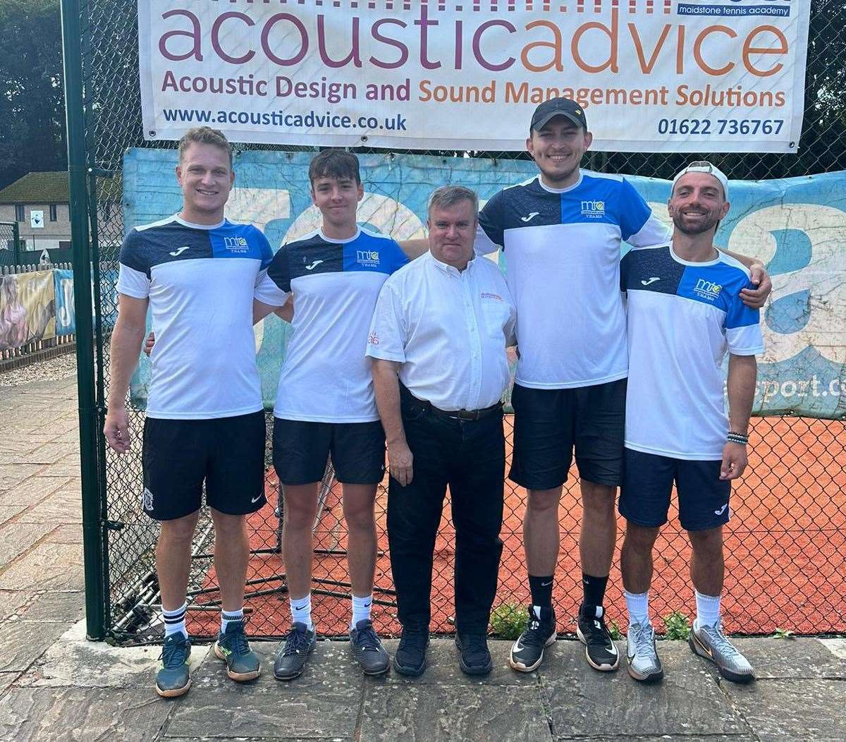 Maidstone Tennis Academy men's county champions with Martin Loft, of sponsors Acoustic Advice, centre