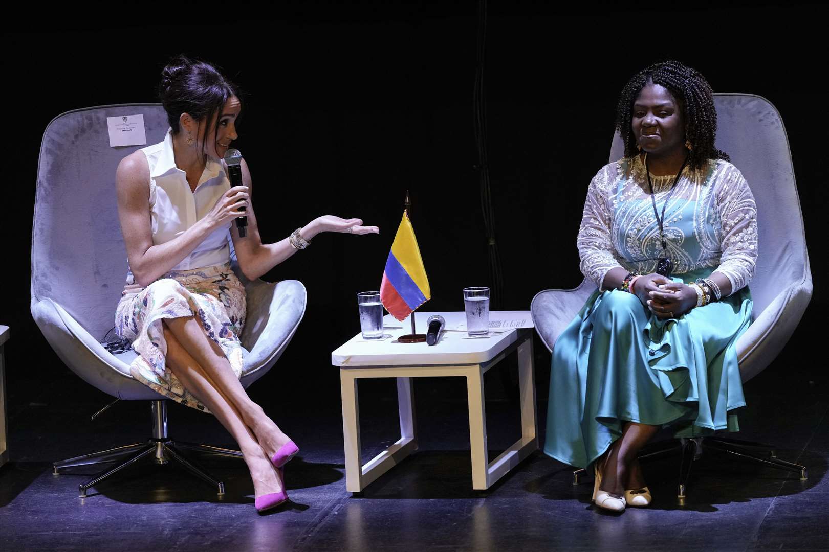 Meghan speaks during a forum on Afro women and power alongside Colombian vice president Francia Marquez. (Ivan Valencia/AP)