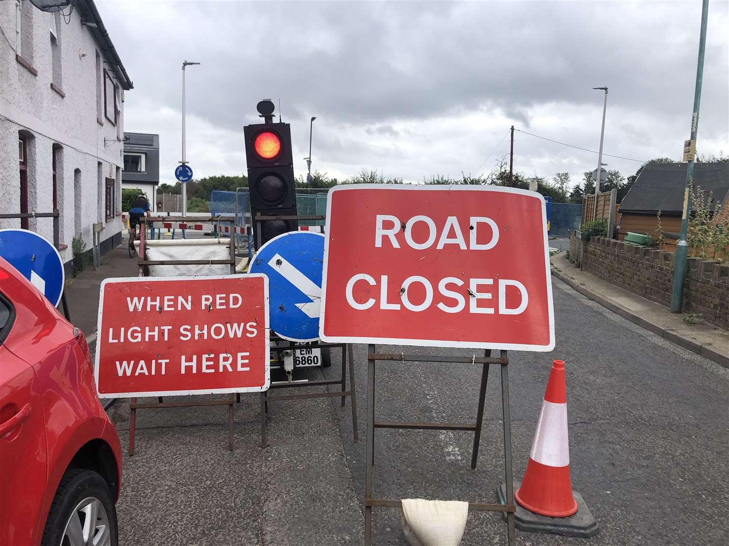 The temporary traffic lights at the end of Station Road allows access for residents turning right