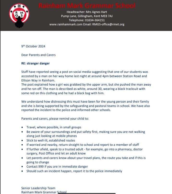 The letter sent to parents at Rainham Mark Grammar School